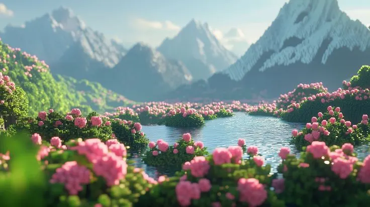 Minecraft landscape with mountains and a lake