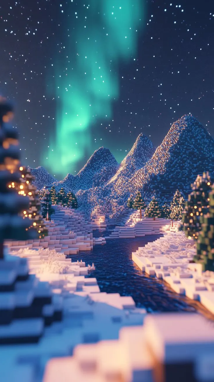 Minecraft winter and northern lights